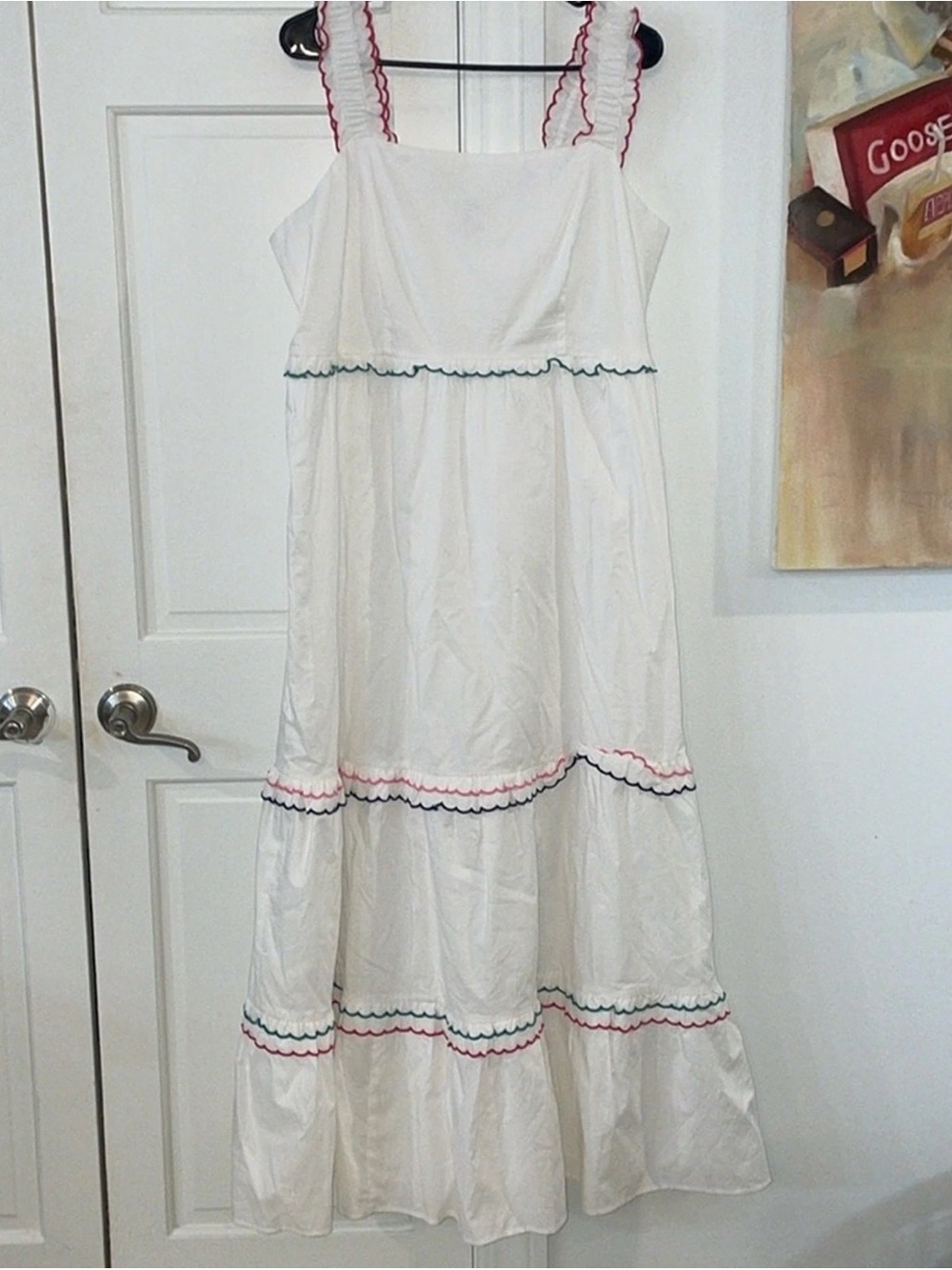 LOFT White Tiered Dress with Pink & Green Scallop Trim
